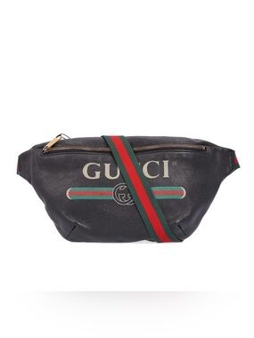 Gucci Black Leather Belt Bag with Signature Green-Red Web
